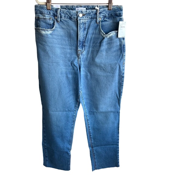 Good American Straight Jeans Women Size 14 Blue Distressed Cropped High Rise NWT - Picture 2 of 9